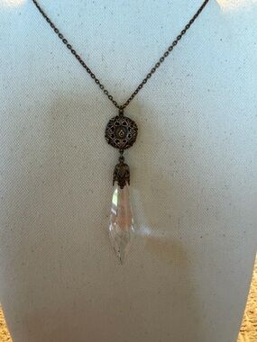 Antique-Style Bronze Pendant Necklace with Clear Crystal Drop